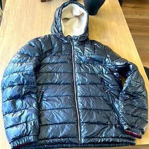 Tommy Hilfiger Men's Navy Pearlized Sherpa Lined Hooded Puffer Jacket